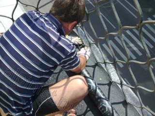 Сейчас наш специалист прорезает небольшие отверстия на кровельном рулонном материале, для того чтобы можно было обойти металлические ограждения балкона и покрыть стяжку полностью.
